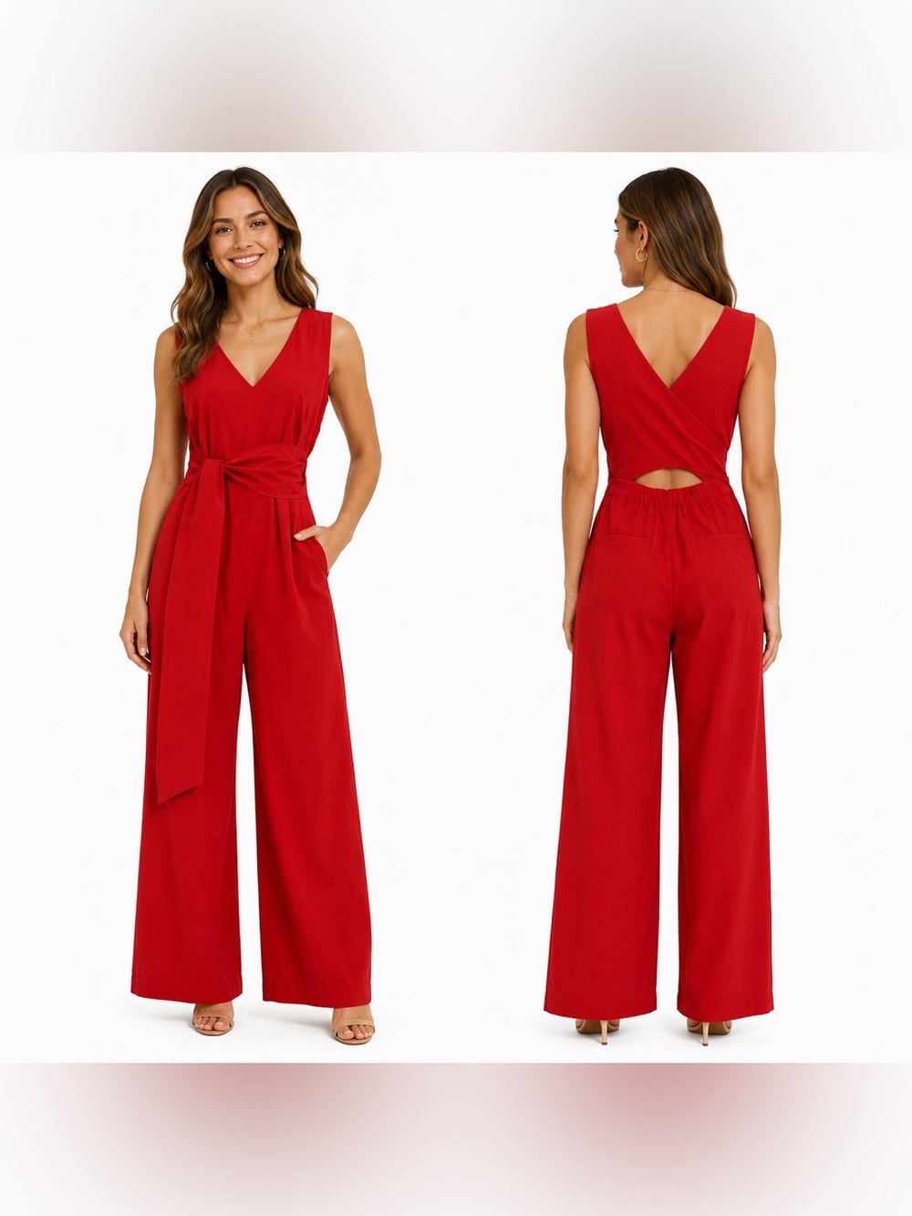 J.Crew Red Wide-Leg Jumpsuit Sleeveless V-Neck Tie Waist Cutout Back Elegant